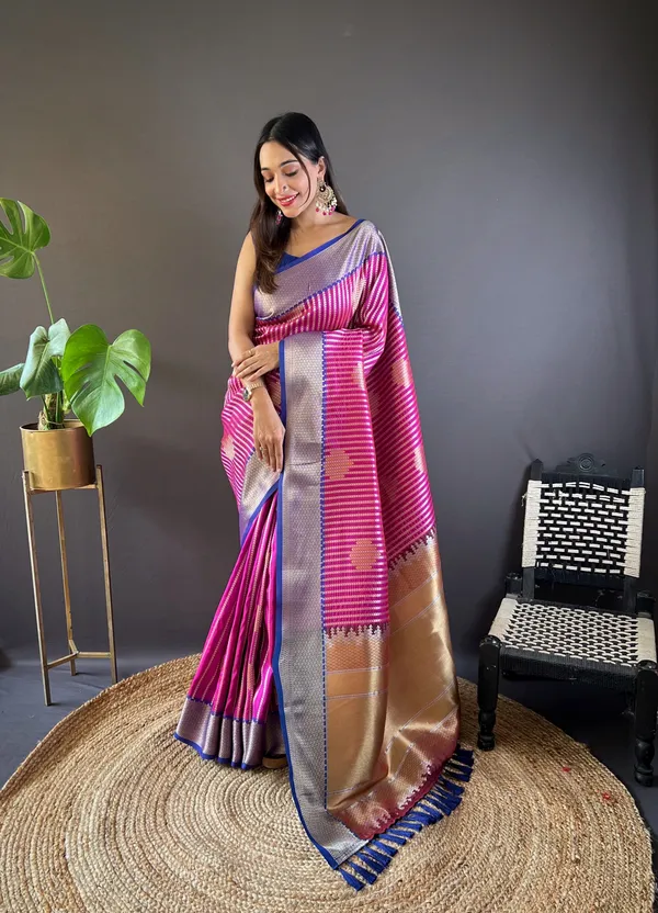 Magenta_Banarasi_Silk_Saree_With_Unstitched_Blouse_Piece_|_For_Women