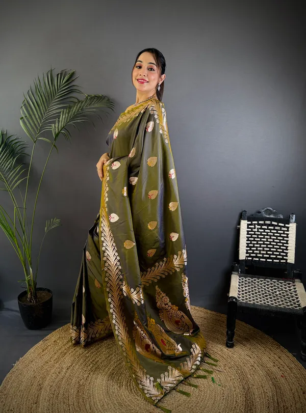 Mehandi_Banarasi_Silk_Saree_With_Unstitched_Blouse_Piece_For_Woman