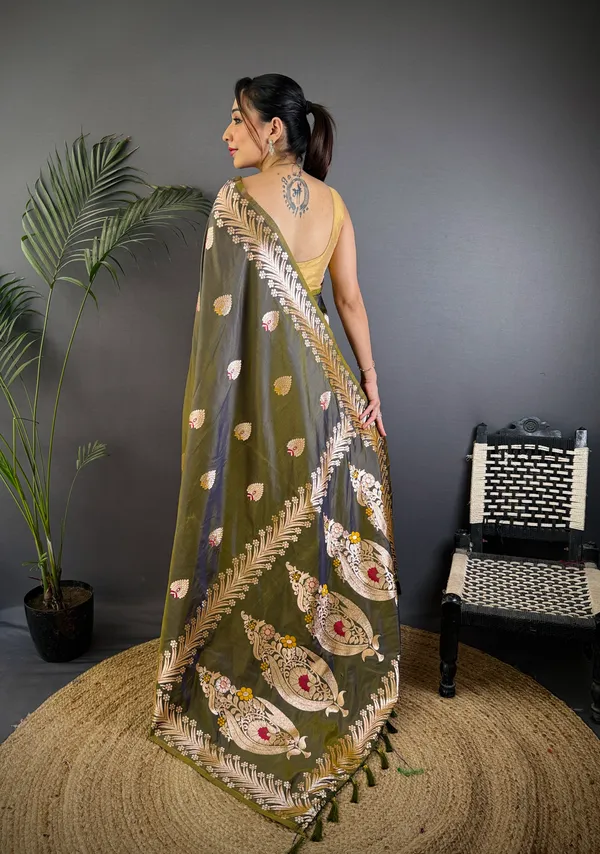 Mehandi_Banarasi_Silk_Saree_With_Unstitched_Blouse_Piece_For_Woman