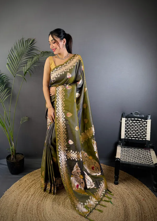 Mehandi_Banarasi_Silk_Saree_With_Unstitched_Blouse_Piece_For_Woman
