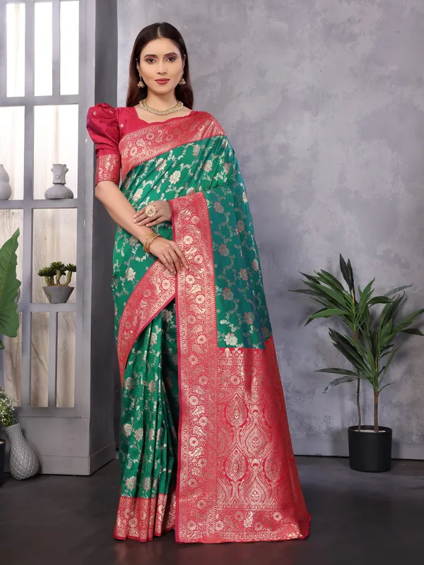 Rama_Banarasi_Silk_Saree_With_Unstitched_Blouse_Piece_|_For_Women