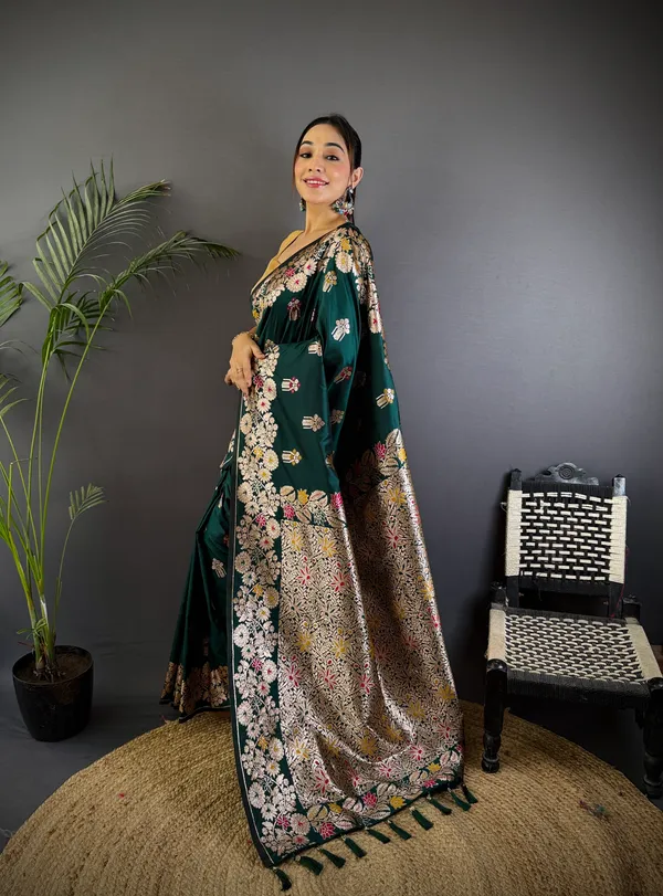 Pakistani_Green_Banarasi_Silk_Saree_With_Unstitched_Blouse_Piece_|_For_Women