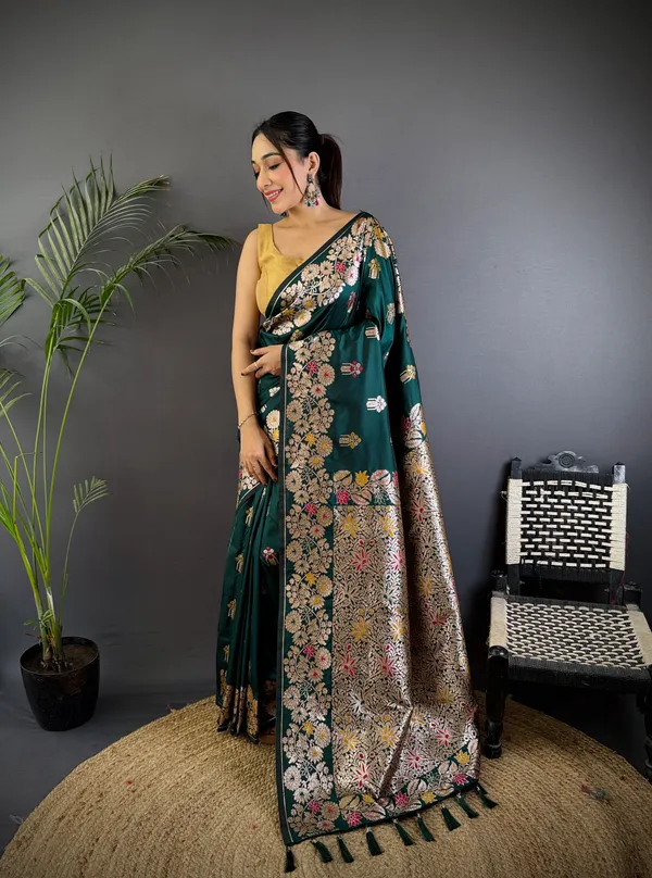 Pakistani_Green_Banarasi_Silk_Saree_With_Unstitched_Blouse_Piece_|_For_Women