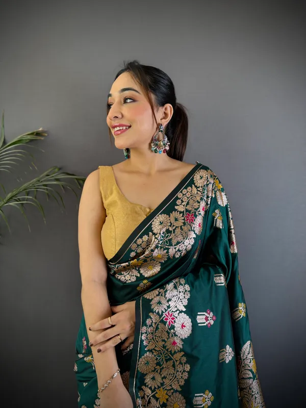 Pakistani_Green_Banarasi_Silk_Saree_With_Unstitched_Blouse_Piece_|_For_Women