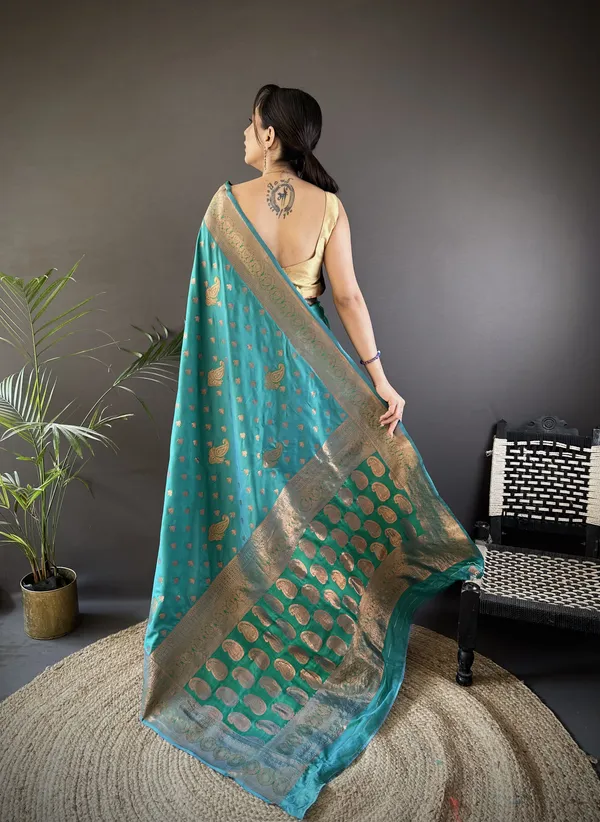Aqua_Blue_Banarasi_Silk_Saree_With_Unstitched_Blouse_Piece_|_For_Women