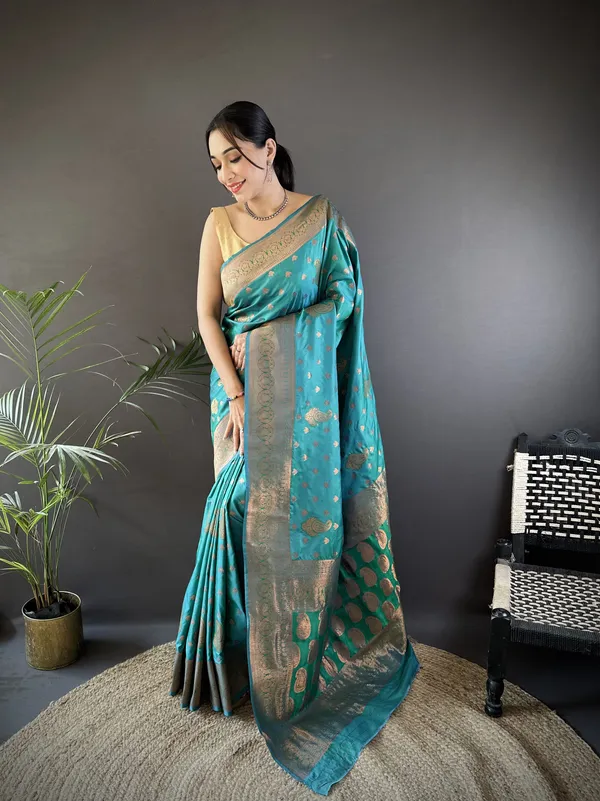 Aqua_Blue_Banarasi_Silk_Saree_With_Unstitched_Blouse_Piece_|_For_Women