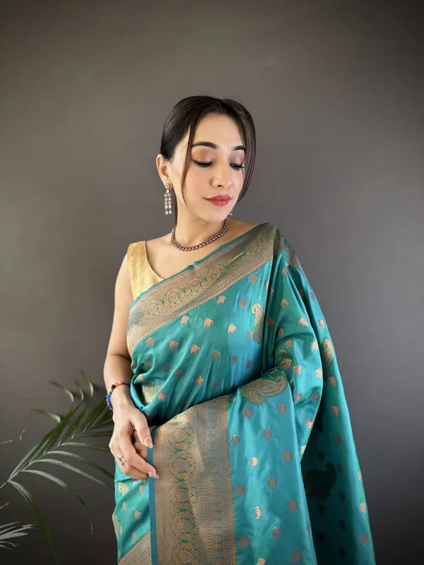 Aqua_Blue_Banarasi_Silk_Saree_With_Unstitched_Blouse_Piece_|_For_Women
