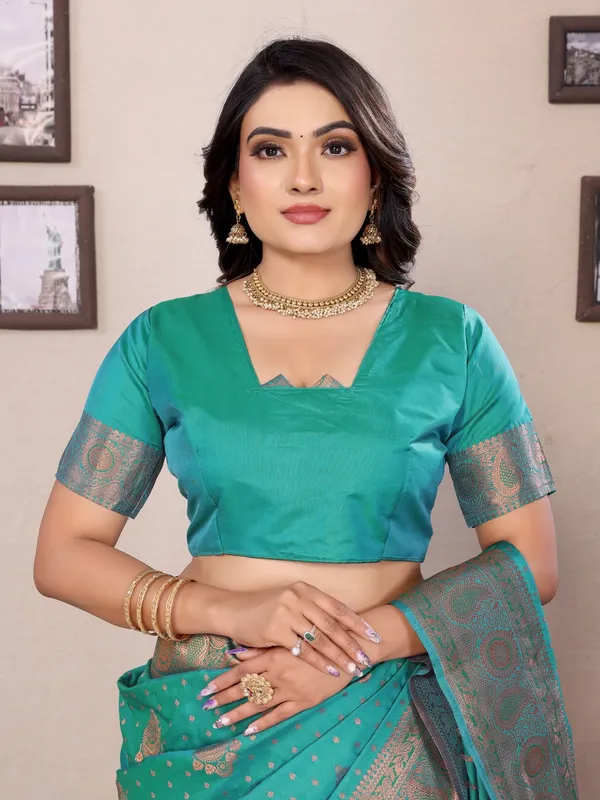 Aqua_Blue_Banarasi_Silk_Saree_With_Unstitched_Blouse_Piece_|_For_Women
