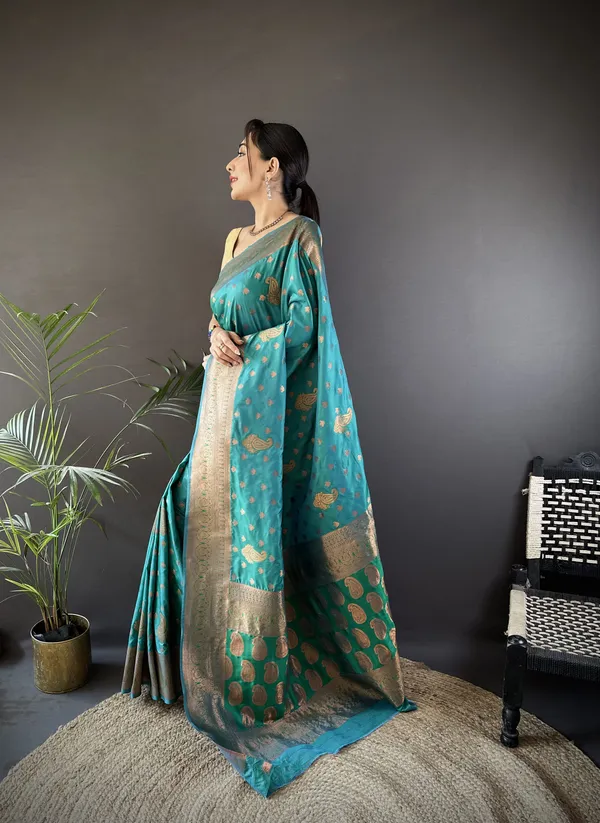 Aqua_Blue_Banarasi_Silk_Saree_With_Unstitched_Blouse_Piece_|_For_Women
