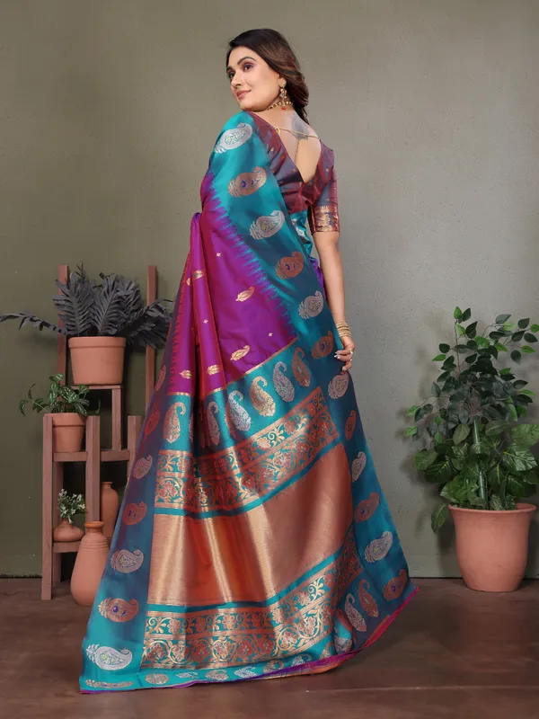 Magenta_Blue_Banarasi_Silk_Saree_With_Unstitched_Blouse_Piece_|_For_Women