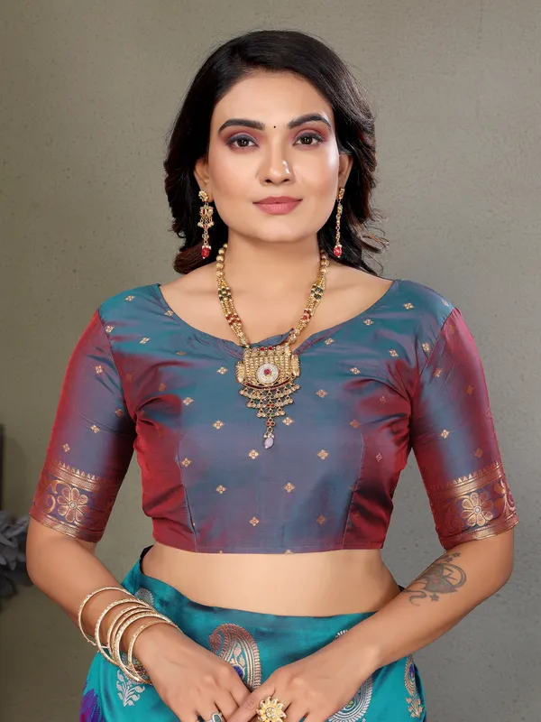 Magenta_Blue_Banarasi_Silk_Saree_With_Unstitched_Blouse_Piece_|_For_Women