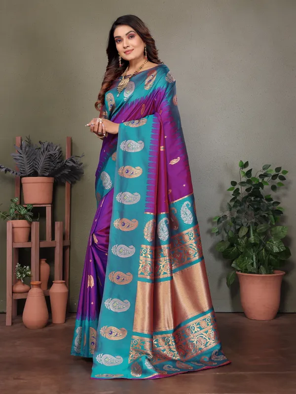 Magenta_Blue_Banarasi_Silk_Saree_With_Unstitched_Blouse_Piece_|_For_Women