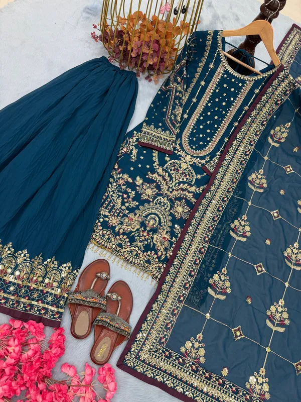 Blue_Heavy_Embroidered_Kurti_with_Pant_&_Dupatta_Suit_Set_|_For_Women