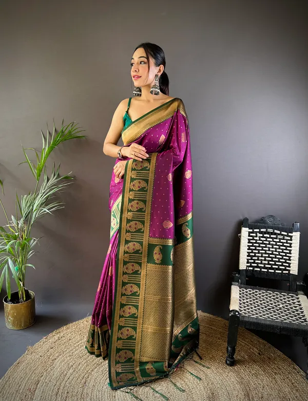 Wine_Green_Banarasi_Silk_Saree_With_Unstitched_Blouse_Piece_|_For_Women