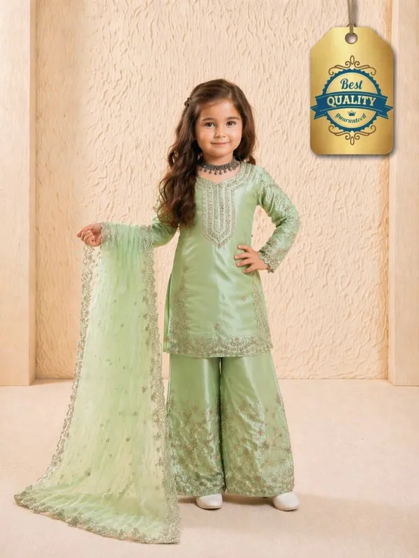 Pista_Green_Colour_Kids_Wear_Top_Palazzo_And_Dupatta