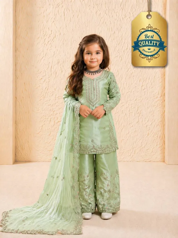 Pista_Green_Colour_Kids_Wear_Top_Palazzo_And_Dupatta