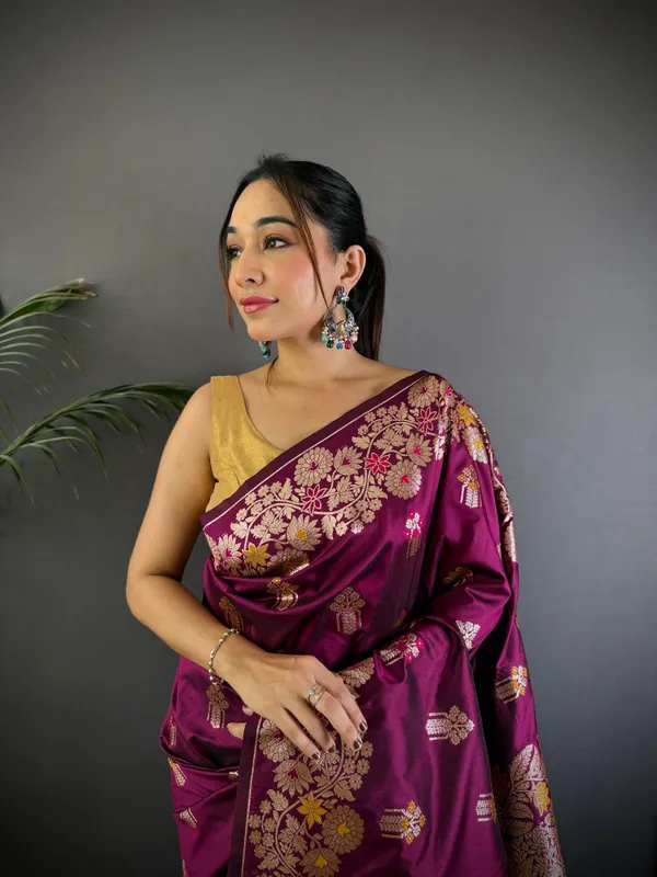 Purple_Falsa_Banarasi_Silk_Saree_With_Unstitched_Blouse_Piece_|_For_Women