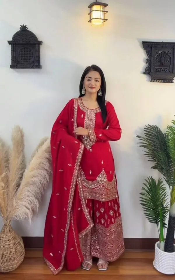 Red_Heavy_Embroidered_Kurti_with_Palazzo_&_Dupatta_Suit_Set_|_For_Women
