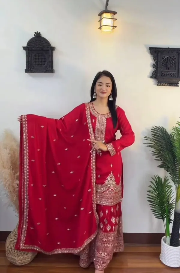 Red_Heavy_Embroidered_Kurti_with_Palazzo_&_Dupatta_Suit_Set_|_For_Women