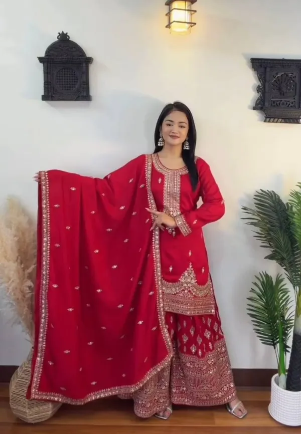 Red_Heavy_Embroidered_Kurti_with_Palazzo_&_Dupatta_Suit_Set_|_For_Women
