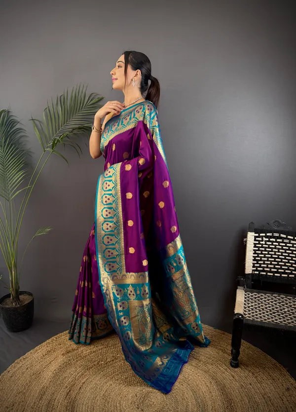 Magenta_Banarasi_Silk_Saree_With_Unstitched_Blouse_Piece_|_For_Women
