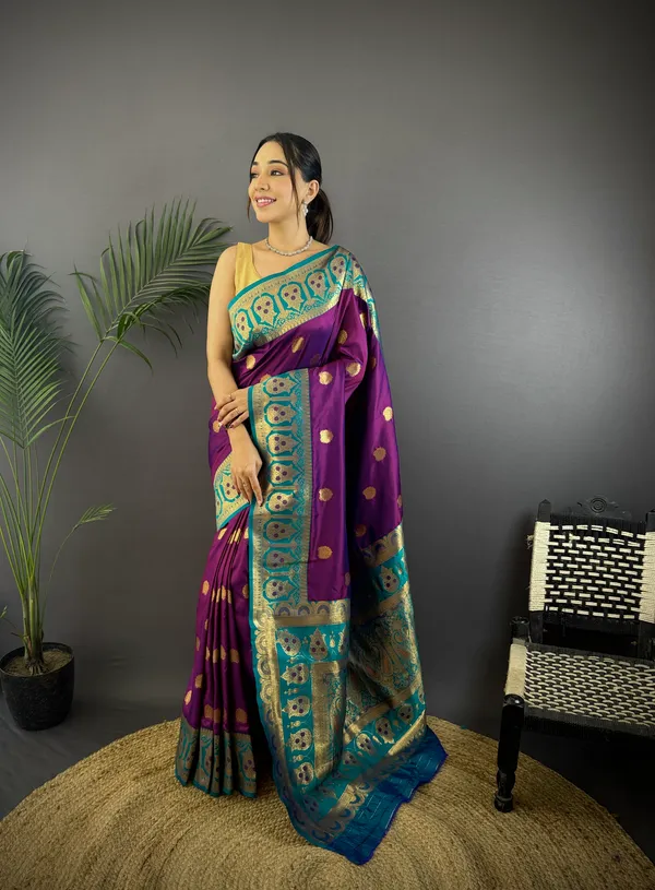Magenta_Banarasi_Silk_Saree_With_Unstitched_Blouse_Piece_|_For_Women