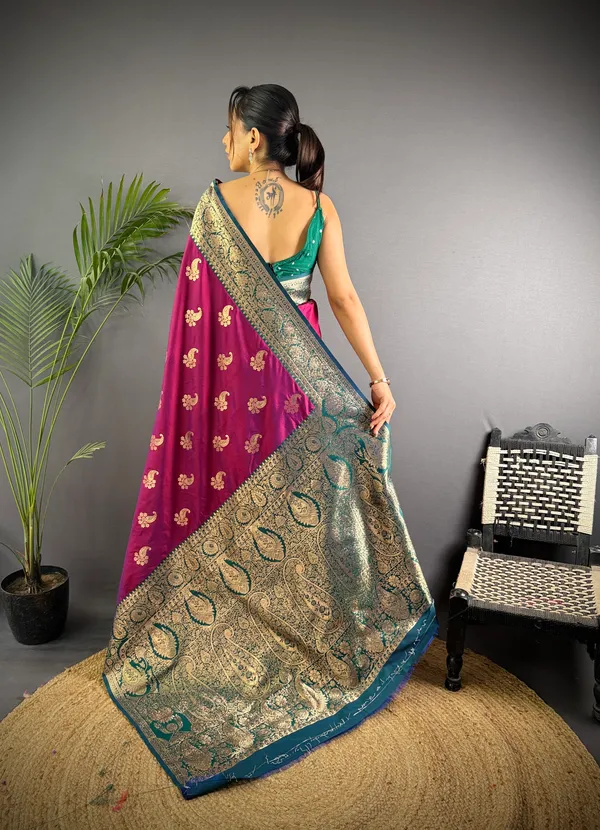 Magenta_Banarasi_Silk_Saree_With_Unstitched_Blouse_Piece_|_For_Women