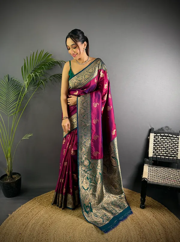 Magenta_Banarasi_Silk_Saree_With_Unstitched_Blouse_Piece_|_For_Women