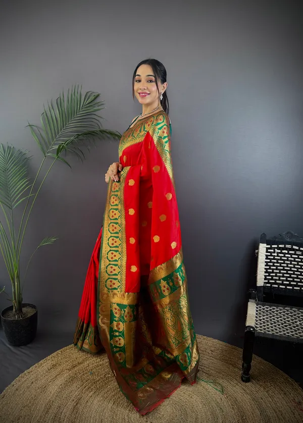 Red_Banarasi_Silk_Saree_With_Unstitched_Blouse_Piece_|_For_Women
