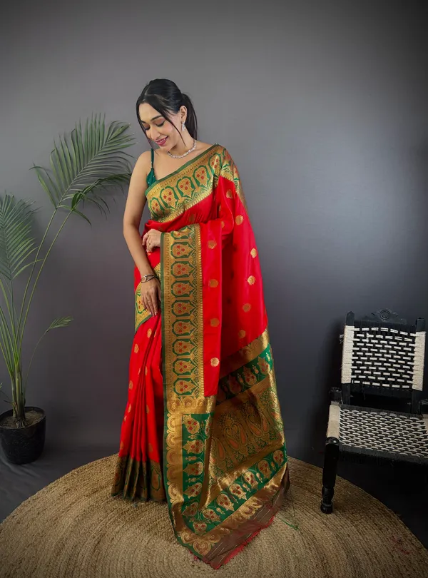 Red_Banarasi_Silk_Saree_With_Unstitched_Blouse_Piece_|_For_Women