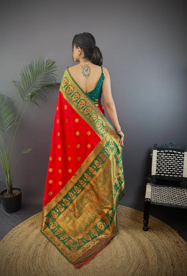 Red_Banarasi_Silk_Saree_With_Unstitched_Blouse_Piece_|_For_Women
