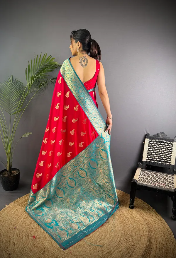 Red_Banarasi_Silk_Saree_With_Unstitched_Blouse_Piece_|_For_Women