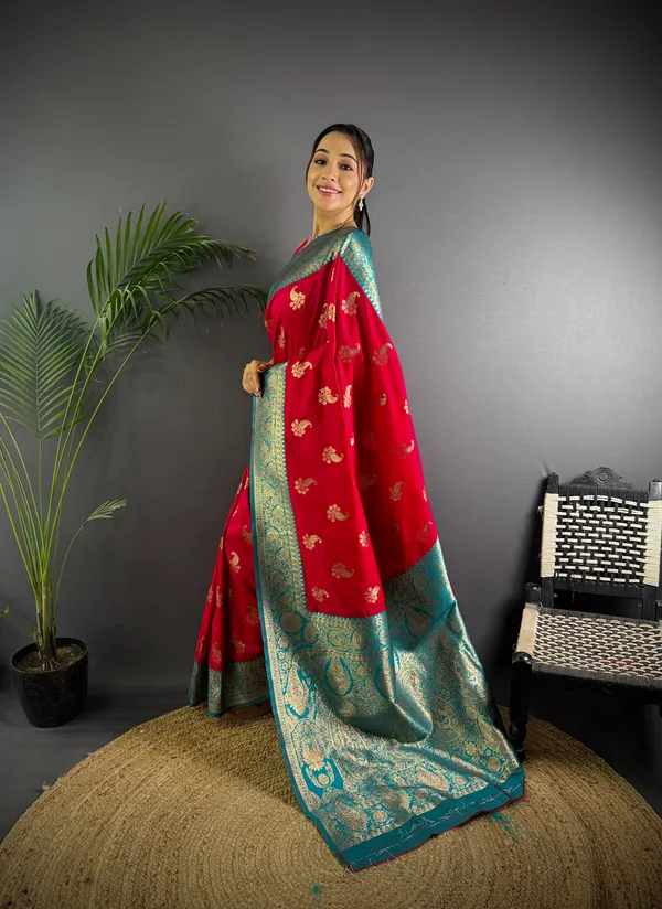 Red_Banarasi_Silk_Saree_With_Unstitched_Blouse_Piece_|_For_Women