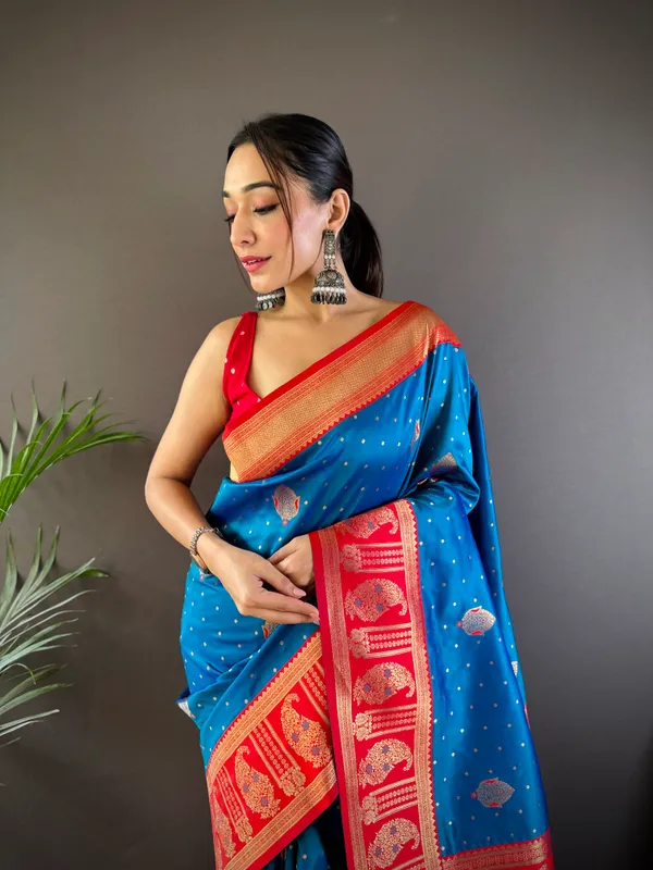 Blue_Banarasi_Silk_Saree_With_Unstitched_Blouse_Piece_|_For_Women
