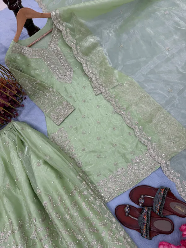 Pista_Green_Heavy_Embroidered_Kurti_with_Palazzo_&_Dupatta_Suit_Set_|_For_Women
