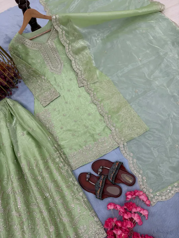 Pista_Green_Heavy_Embroidered_Kurti_with_Palazzo_&_Dupatta_Suit_Set_|_For_Women