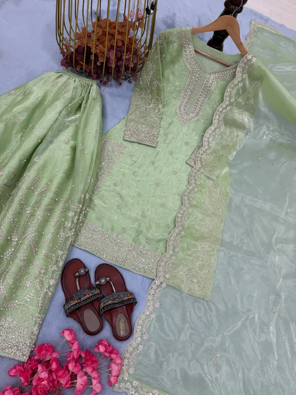 Pista_Green_Heavy_Embroidered_Kurti_with_Palazzo_&_Dupatta_Suit_Set_|_For_Women