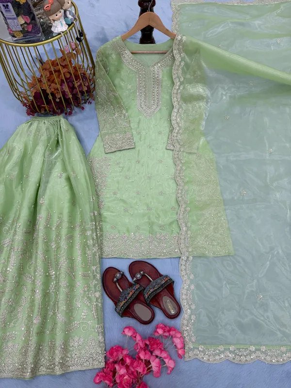 Pista_Green_Heavy_Embroidered_Kurti_with_Palazzo_&_Dupatta_Suit_Set_|_For_Women