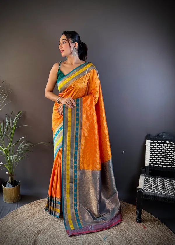 Yellow_Banarasi_Silk_Saree_With_Unstitched_Blouse_Piece_|_For_Women