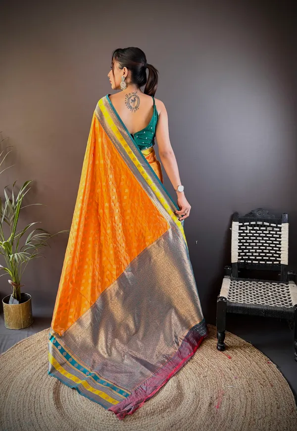 Yellow_Banarasi_Silk_Saree_With_Unstitched_Blouse_Piece_|_For_Women