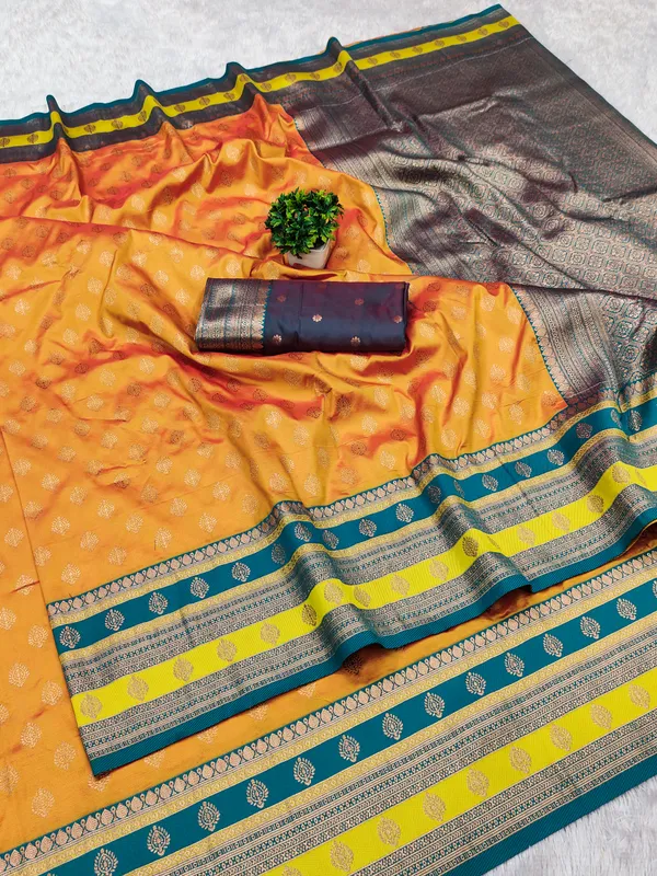 Yellow_Banarasi_Silk_Saree_With_Unstitched_Blouse_Piece_|_For_Women
