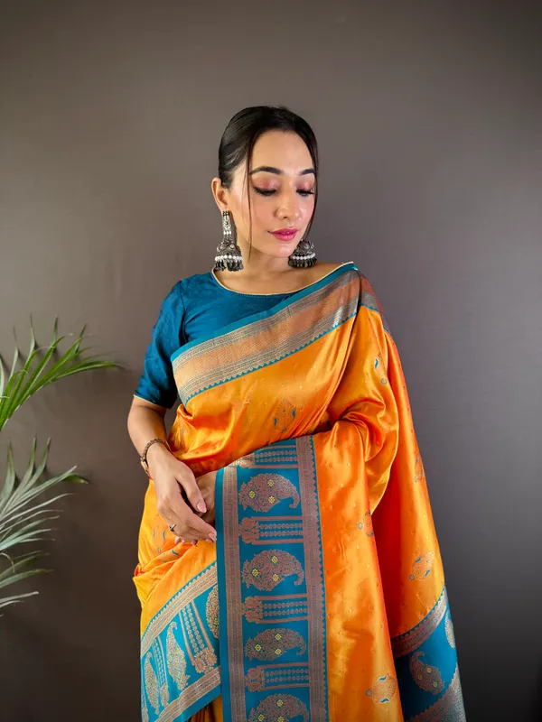 Yellow_Banarasi_Silk_Saree_With_Unstitched_Blouse_Piece_|_For_Women