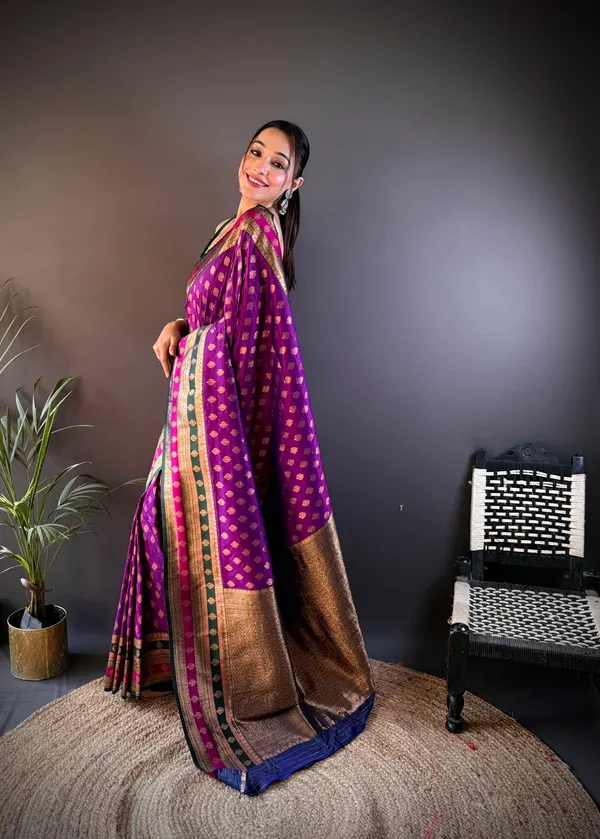 Magenta_Banarasi_Silk_Saree_With_Unstitched_Blouse_Piece_|_For_Women