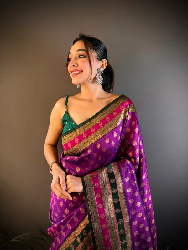 Magenta_Banarasi_Silk_Saree_With_Unstitched_Blouse_Piece_|_For_Women