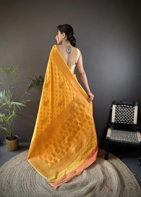 Yellow_Banarasi_Silk_Saree_With_Unstitched_Blouse_Piece_|_For_Women