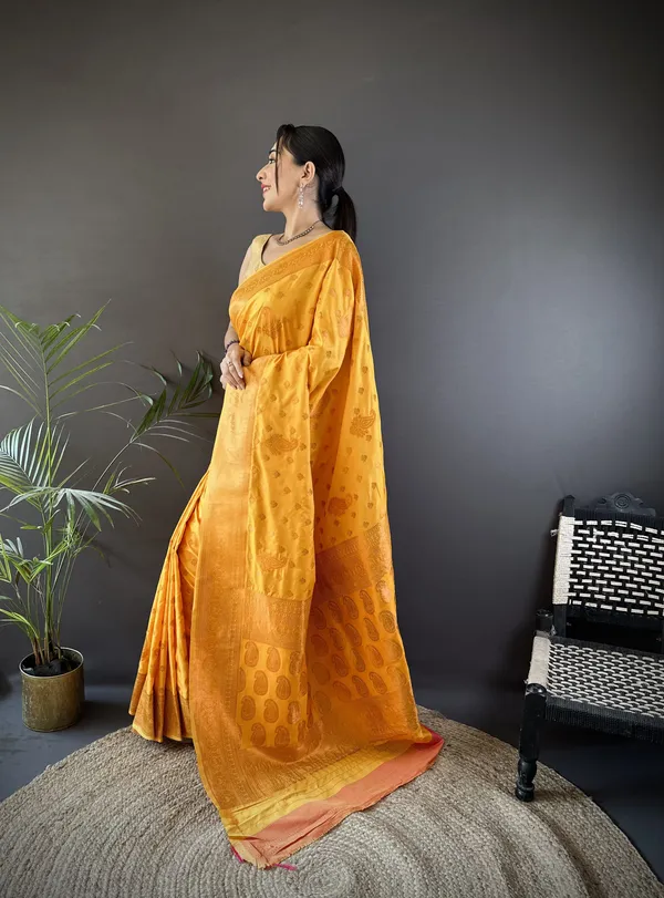 Yellow_Banarasi_Silk_Saree_With_Unstitched_Blouse_Piece_|_For_Women