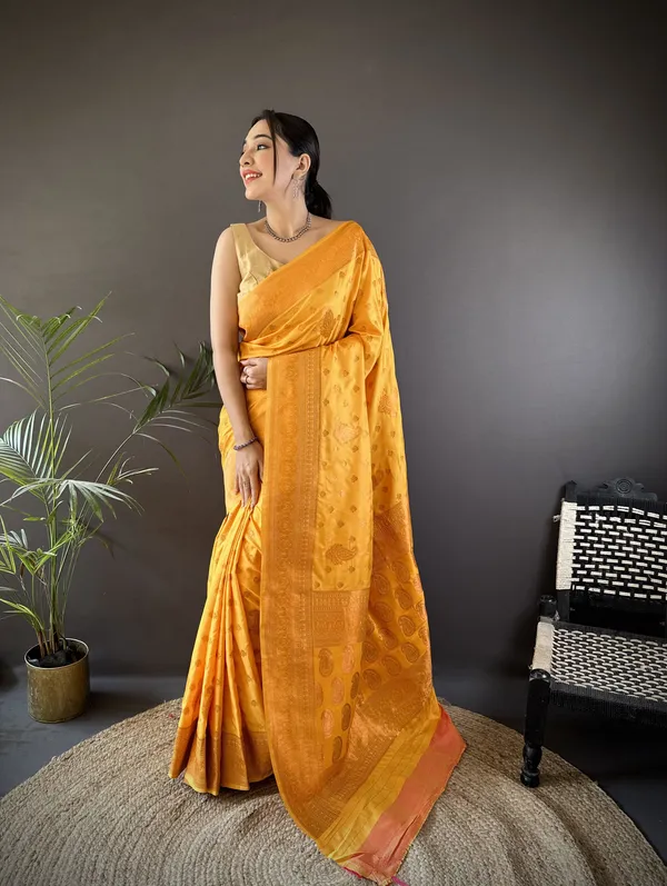Yellow_Banarasi_Silk_Saree_With_Unstitched_Blouse_Piece_|_For_Women