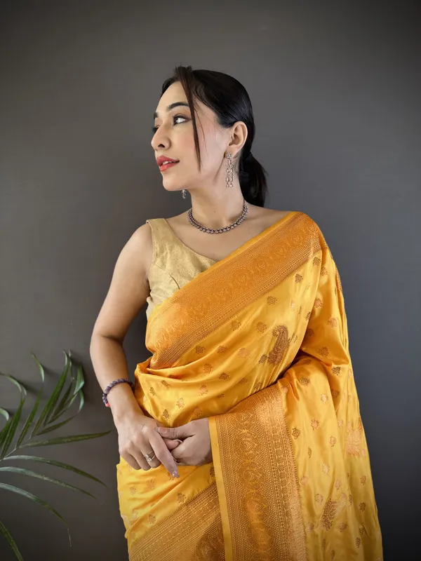 Yellow_Banarasi_Silk_Saree_With_Unstitched_Blouse_Piece_|_For_Women