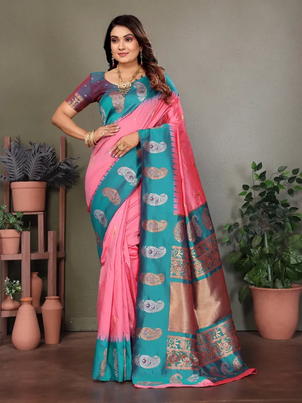 Pink_Blue_Banarasi_Silk_Saree_With_Unstitched_Blouse_Piece_|_For_Women