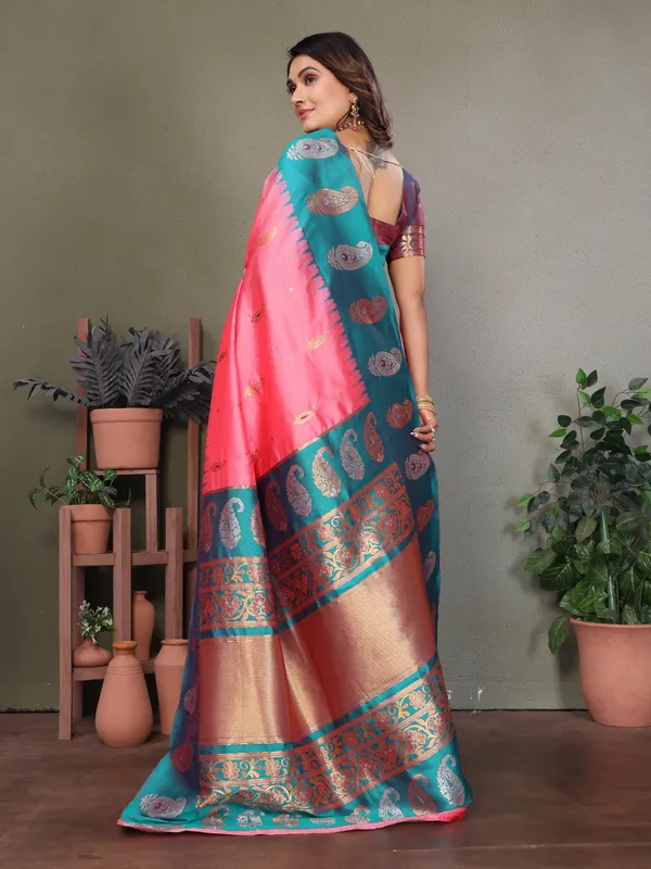 Pink_Blue_Banarasi_Silk_Saree_With_Unstitched_Blouse_Piece_|_For_Women